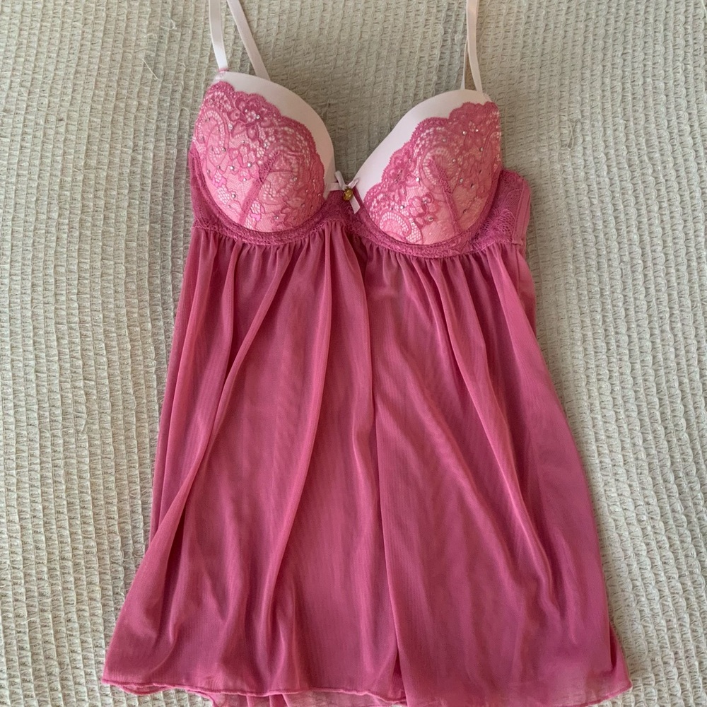 Vintage Jessica Simpson Pink Lace Sheer Babydoll Lingerie Mini Dress Bra Top